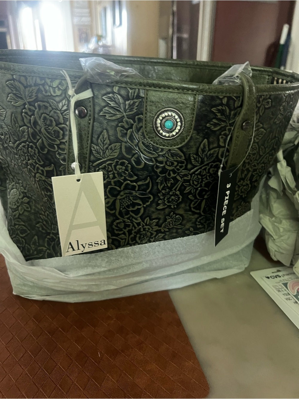 Alyssa Olive Green Embossed Floral Tote with Turquoise Accent. 3 piece tote